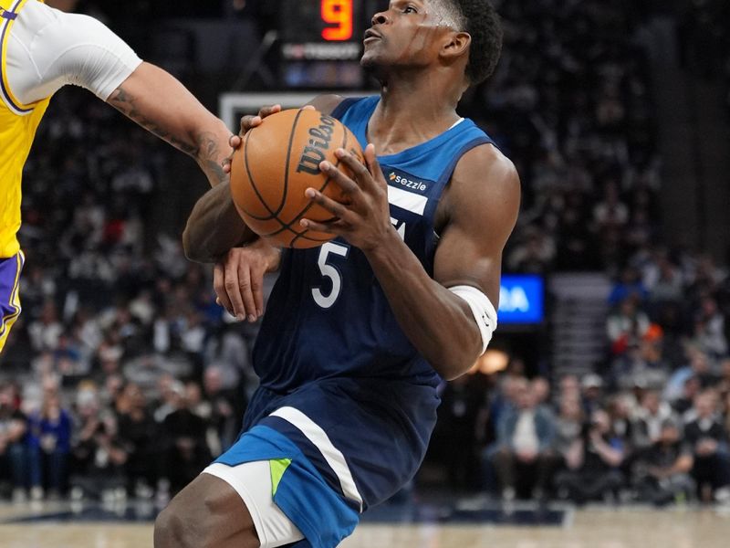 MINNEAPOLIS, MN -  DECEMBER 13: Anthony Edwards #5 of the Minnesota Timberwolves drives to the basket during the game against the Los Angeles Lakers on December 13, 2024 at Target Center in Minneapolis, Minnesota. NOTE TO USER: User expressly acknowledges and agrees that, by downloading and or using this Photograph, user is consenting to the terms and conditions of the Getty Images License Agreement. Mandatory Copyright Notice: Copyright 2024 NBAE (Photo by Jordan Johnson/NBAE via Getty Images)