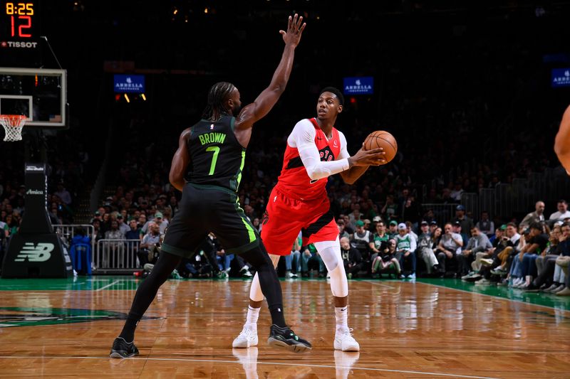 BOSTON, MA - NOVEMBER 16: RJ Barrett #9 of the Toronto Raptors looks to pass the ball during the game against the Boston Celtics on November 16, 2024 at TD Garden in Boston, Massachusetts. NOTE TO USER: User expressly acknowledges and agrees that, by downloading and/or using this Photograph, user is consenting to the terms and conditions of the Getty Images License Agreement. Mandatory Copyright Notice: Copyright 2024 NBAE (Photo by Brian Babineau/NBAE via Getty Images)