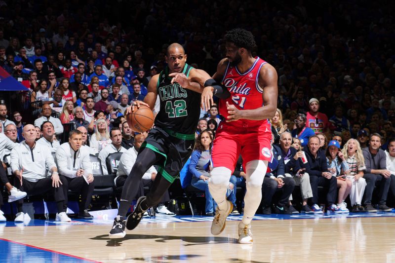 PHILADELPHIA, PA - MAY 5: Al Horford #42 of the Boston Celtics drives to the basket during Round 2 Game 3 of the Eastern Conference Semi-Finals 2023 NBA Playoffs against the Philadelphia 76ers on May 5, 2023 at the Wells Fargo Center in Philadelphia, Pennsylvania NOTE TO USER: User expressly acknowledges and agrees that, by downloading and/or using this Photograph, user is consenting to the terms and conditions of the Getty Images License Agreement. Mandatory Copyright Notice: Copyright 2023 NBAE (Photo by Jesse D. Garrabrant/NBAE via Getty Images)