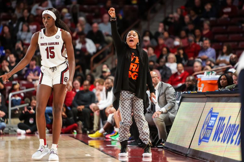 Nov 29, 2022; Columbia, South Carolina, USA; South Carolina Gamecocks head coach Dawn Staley directs her team against the UCLA Bruins in the second half at Colonial Life Arena. Mandatory Credit: Jeff Blake-USA TODAY Sports