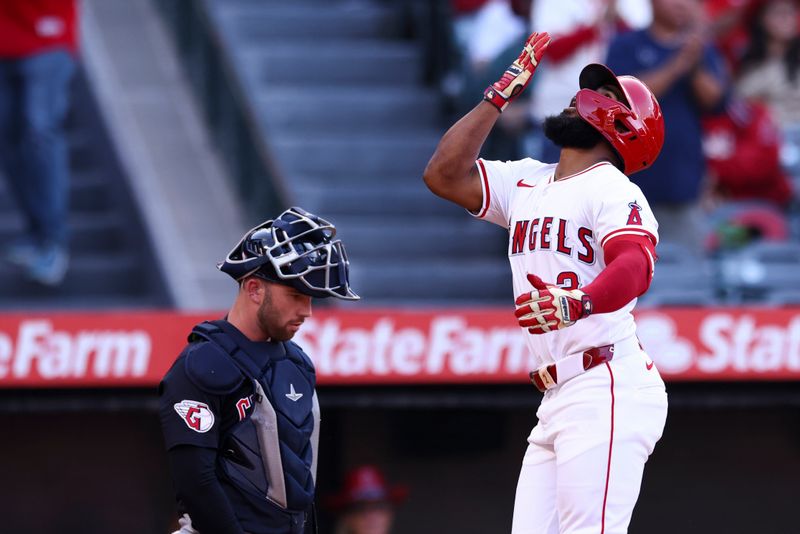 May 24, 2024; Anaheim, California, USA; Los Angeles Angels second base Luis Rengifo (2) gestures after hitting a home run against the Cleveland Guardians during the first inning of a game at Angel Stadium. Mandatory Credit: Jessica Alcheh-USA TODAY Sports