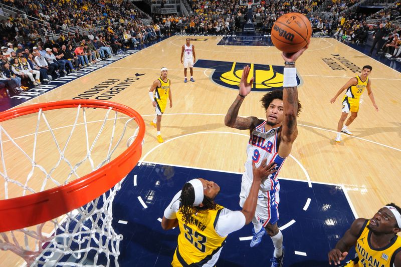 INDIANAPOLIS, IN - OCTOBER 27: Kelly Oubre Jr. #9 of the Philadelphia 76ers shoots the ball during the game against the Indiana Pacers on October 27, 2024 at Gainbridge Fieldhouse in Indianapolis, Indiana. NOTE TO USER: User expressly acknowledges and agrees that, by downloading and or using this Photograph, user is consenting to the terms and conditions of the Getty Images License Agreement. Mandatory Copyright Notice: Copyright 2024 NBAE (Photo by Ron Hoskins/NBAE via Getty Images)