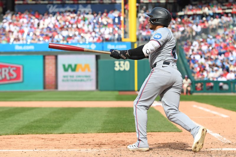 Apr 20, 2025; Philadelphia, Pennsylvania, USA; Miami Marlins outfielder Javier Sanoja (46) watches his three-run home run during the eighth inning against the Philadelphia Phillies at Citizens Bank Park. Mandatory Credit: Eric Hartline-Imagn Images