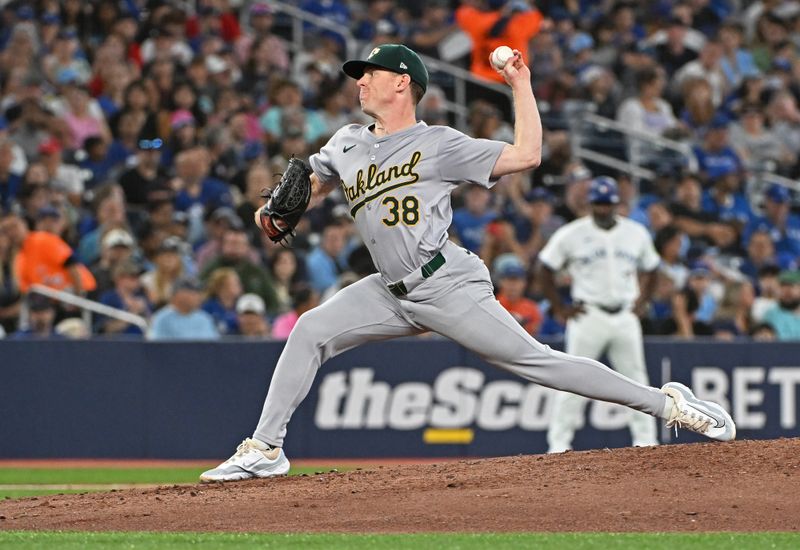 Aug 11, 2024; Toronto, Ontario, CAN; Oakland Athletics pitcher JP Sears (38) pitches in the first inning against the Toronto Blue Jays at Rogers Centre. Mandatory Credit: Gerry Angus-USA TODAY Sports