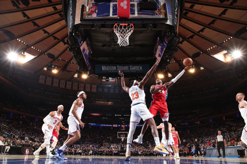 NEW YORK, NY - APRIL 20:  Paul Reed #44 of the Philadelphia 76ers goes to the basket during the game against the New York Knicks during Round 1 Game 1 of the 2024 NBA Playoffs on April 20, 2024 at Madison Square Garden in New York City, New York.  NOTE TO USER: User expressly acknowledges and agrees that, by downloading and or using this photograph, User is consenting to the terms and conditions of the Getty Images License Agreement. Mandatory Copyright Notice: Copyright 2024 NBAE  (Photo by Nathaniel S. Butler/NBAE via Getty Images)