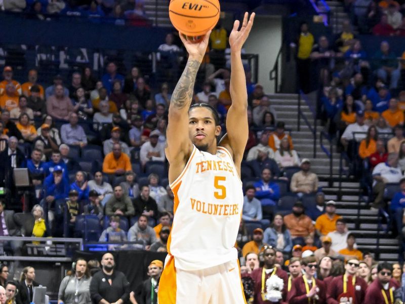 Mar 15, 2024; Nashville, TN, USA; Tennessee Volunteers guard Zakai Zeigler (5) shoots a three point basket against the Mississippi State Bulldogs during the second half at Bridgestone Arena. Mandatory Credit: Steve Roberts-USA TODAY Sports