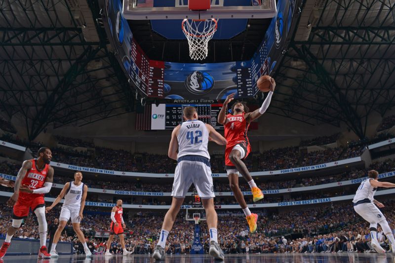 DALLAS, TX - APRIL 7: Jalen Green #4 of the Houston Rockets shoots the ball during the game against the Dallas Mavericks on April 7, 2024 at the American Airlines Center in Dallas, Texas. NOTE TO USER: User expressly acknowledges and agrees that, by downloading and or using this photograph, User is consenting to the terms and conditions of the Getty Images License Agreement. Mandatory Copyright Notice: Copyright 2024 NBAE (Photo by Glenn James/NBAE via Getty Images)