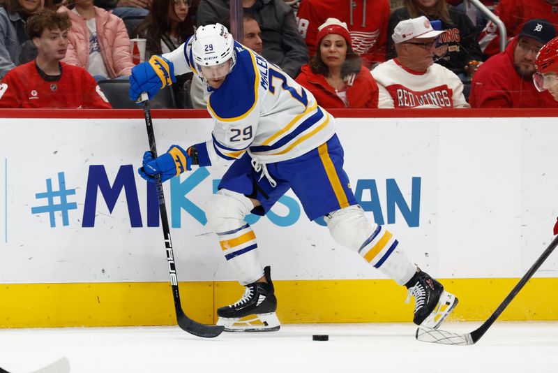 Nov 15, 2025; Detroit, Michigan, USA;  Buffalo Sabres left wing Beck Malenstyn (29) skates with the puck in the first period against the Detroit Red Wings at Little Caesars Arena. Mandatory Credit: Rick Osentoski-Imagn Images