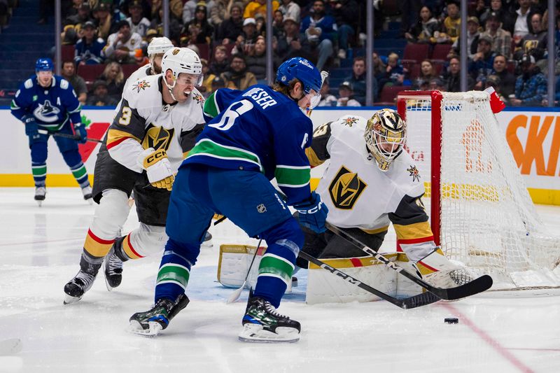 Nov 30, 2023; Vancouver, British Columbia, CAN; Vegas Golden Knights defenseman Brayden McNabb (3) and Vancouver Canucks forward Brock Boeser (6) battle for the rebound as goalie Adin Hill (33) looks on in the second period at Rogers Arena. Mandatory Credit: Bob Frid-USA TODAY Sports