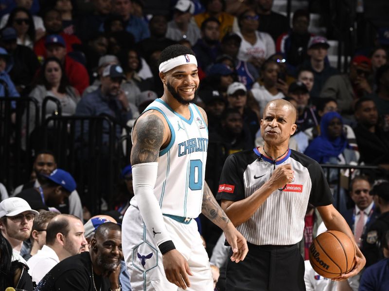 PHILADELPHIA, PA - MARCH 16:  Miles Bridges #0 of the Charlotte Hornets smiles during the game against the Philadelphia 76ers on March 16, 2024 at the Wells Fargo Center in Philadelphia, Pennsylvania NOTE TO USER: User expressly acknowledges and agrees that, by downloading and/or using this Photograph, user is consenting to the terms and conditions of the Getty Images License Agreement. Mandatory Copyright Notice: Copyright 2024 NBAE (Photo by David Dow/NBAE via Getty Images)