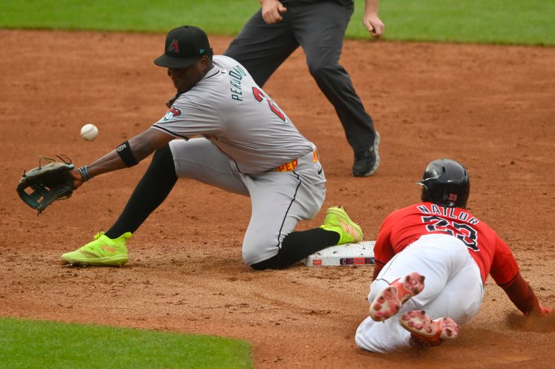 Aug 5, 2024; Cleveland, Ohio, USA; Cleveland Guardians catcher Bo Naylor (23) steals second base beside Arizona Diamondbacks shortstop Geraldo Perdomo (2) in the second inning at Progressive Field. Mandatory Credit: David Richard-USA TODAY Sports