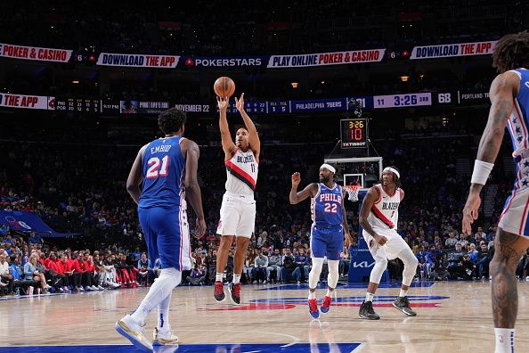 PHILADELPHIA, PA - OCTOBER 29: Malcolm Brogdon #11 of the Portland Trail Blazers shoots the ball during the game against the Philadelphia 76ers on October 29, 2023 at the Wells Fargo Center in Philadelphia, Pennsylvania NOTE TO USER: User expressly acknowledges and agrees that, by downloading and/or using this Photograph, user is consenting to the terms and conditions of the Getty Images License Agreement. Mandatory Copyright Notice: Copyright 2023 NBAE (Photo by Jesse D. Garrabrant/NBAE via Getty Images)