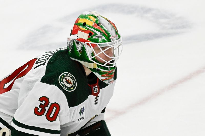 Apr 7, 2024; Chicago, Illinois, USA;  Minnesota Wild goaltender Jesper Wallstedt (30) looks on against the Chicago Blackhawks during the third period at United Center. Mandatory Credit: Matt Marton-USA TODAY Sports