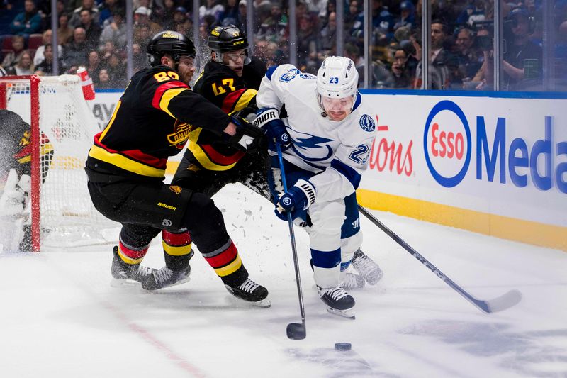 Dec 12, 2023; Vancouver, British Columbia, CAN; Vancouver Canucks forward Nils Aman (88) and battle with Tampa Bay Lightning forward Michael Eyssimont (23) in the first period at Rogers Arena. Mandatory Credit: Bob Frid-USA TODAY Sports