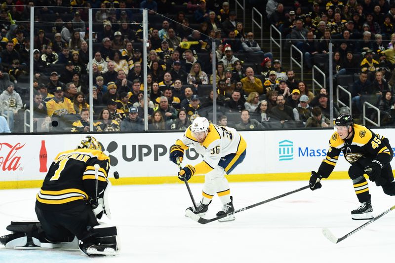 Mar 4, 2025; Boston, Massachusetts, USA;  Boston Bruins goaltender Jeremy Swayman (1) makes a save on Nashville Predators left wing Cole Smith (36) during the second period at TD Garden. Mandatory Credit: Bob DeChiara-Imagn Images