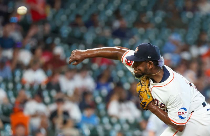 Jul 9, 2024; Houston, Texas, USA;  Houston Astros starting pitcher Ronel Blanco (56) pitches against the Miami Marlins in the first inning at Minute Maid Park. Mandatory Credit: Thomas Shea-USA TODAY Sports