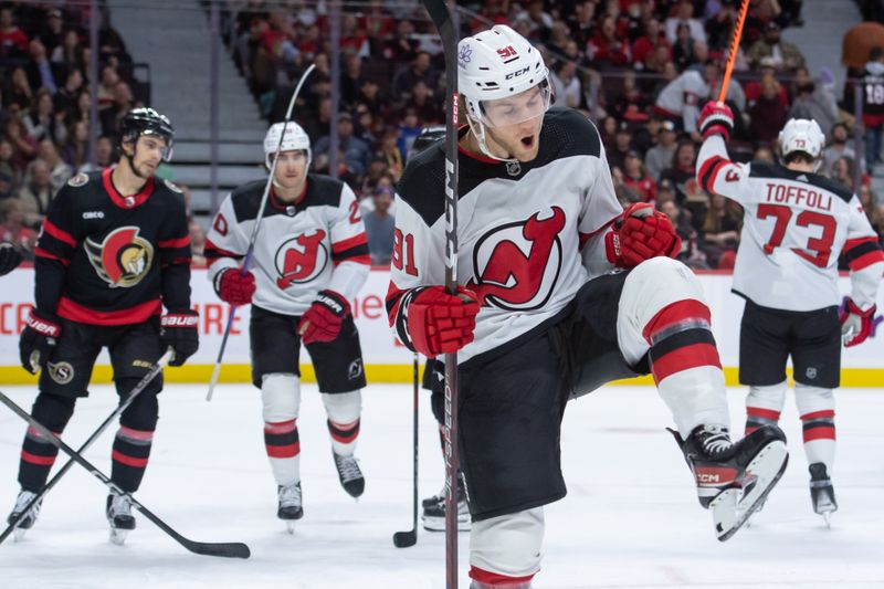 Dec 29, 2023; Ottawa, Ontario, CAN; New Jersey Devils center Dawson Mercer (91) celebrates his goal scored in the second period against the Ottawa Senators at the Canadian Tire Centre. Mandatory Credit: Marc DesRosiers-USA TODAY Sports