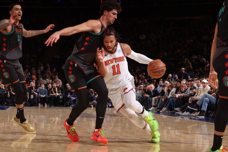 NEW YORK, NY - JANUARY 18: Jalen Brunson #11 of the New York Knicks drives to the basket during the game against the Washington Wizards on January 18, 2024 at Madison Square Garden in New York City, New York. NOTE TO USER: User expressly acknowledges and agrees that, by downloading and or using this photograph, User is consenting to the terms and conditions of the Getty Images License Agreement. Mandatory Copyright Notice: Copyright 2024 NBAE  (Photo by Nathaniel S. Butler/NBAE via Getty Images)