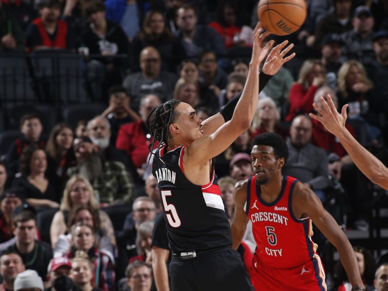 PORTLAND, OR - FEBRUARY 10: Dalano Banton #5 of the Portland Trail Blazers shoots the ball during the game against the New Orleans Pelicans on February 10, 2024 at the Moda Center Arena in Portland, Oregon. NOTE TO USER: User expressly acknowledges and agrees that, by downloading and or using this photograph, user is consenting to the terms and conditions of the Getty Images License Agreement. Mandatory Copyright Notice: Copyright 2024 NBAE (Photo by Cameron Browne/NBAE via Getty Images)