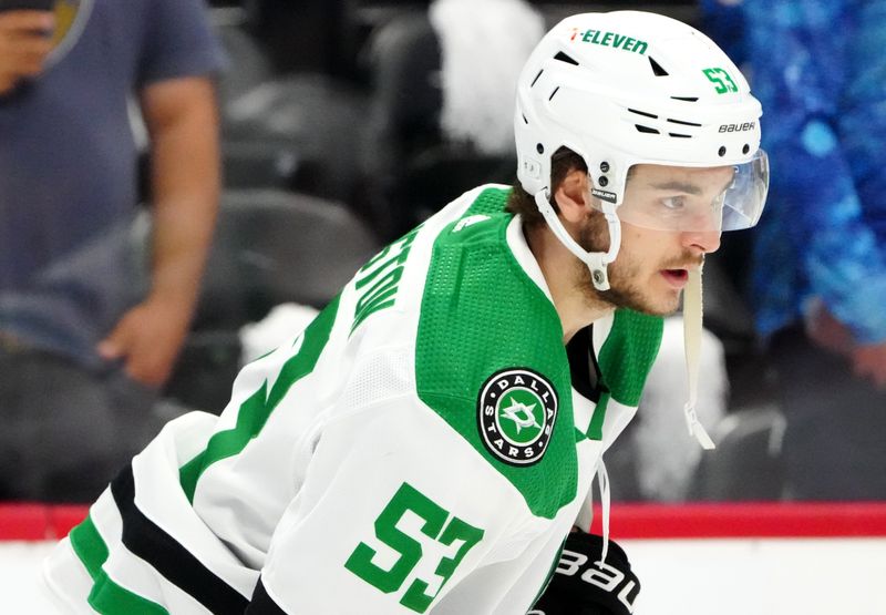 May 17, 2024; Denver, Colorado, USA; Dallas Stars center Wyatt Johnston (53) before the game against the Colorado Avalanche in game six of the second round of the 2024 Stanley Cup Playoffs at Ball Arena. Mandatory Credit: Ron Chenoy-USA TODAY Sports