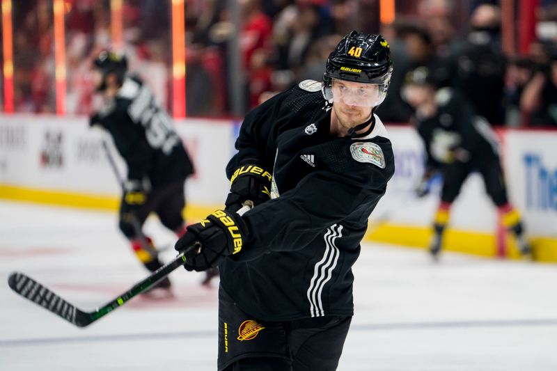 Feb 13, 2023; Vancouver, British Columbia, CAN; Vancouver Canucks forward Elias Pettersson (40) shoots during warm up prior to a game against the Detroit Red Wings at Rogers Arena. Mandatory Credit: Bob Frid-USA TODAY Sports