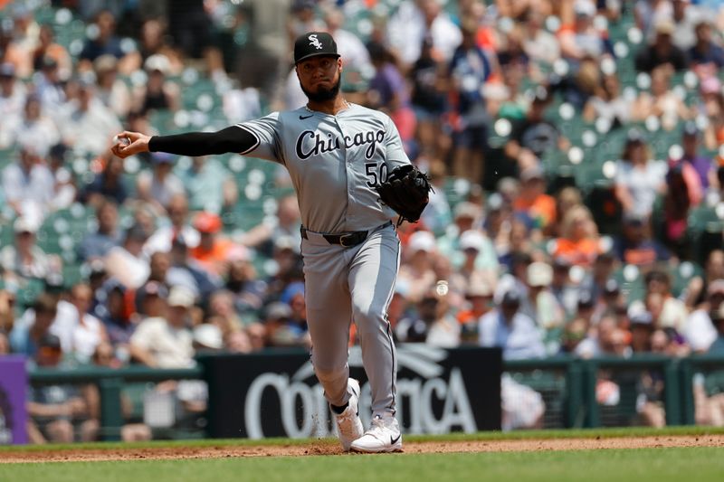 Jun 22, 2024; Detroit, Michigan, USA;  Chicago White Sox third baseman Lenyn Sosa (50) makes a throw in the second inning against the Detroit Tigers at Comerica Park. Mandatory Credit: Rick Osentoski-USA TODAY Sports