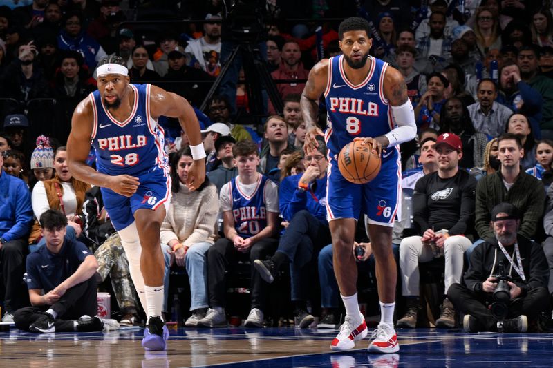 PHILADELPHIA, PA - FEBRUARY 5:  Paul George #8 of the Philadelphia 76ers dribbles the ball during the game against the Miami Heat on February 5, 2025 at the Wells Fargo Center in Philadelphia, Pennsylvania NOTE TO USER: User expressly acknowledges and agrees that, by downloading and/or using this Photograph, user is consenting to the terms and conditions of the Getty Images License Agreement. Mandatory Copyright Notice: Copyright 2025 NBAE (Photo by David Dow/NBAE via Getty Images)