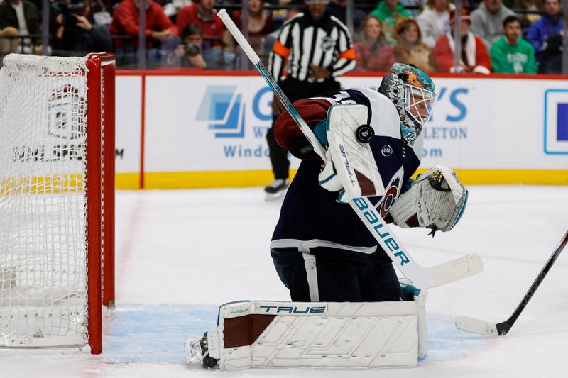 Dec 14, 2024; Denver, Colorado, USA; Colorado Avalanche goaltender Mackenzie Blackwood (39) makes a save in the first period against the Nashville Predators at Ball Arena. Mandatory Credit: Isaiah J. Downing-Imagn Images