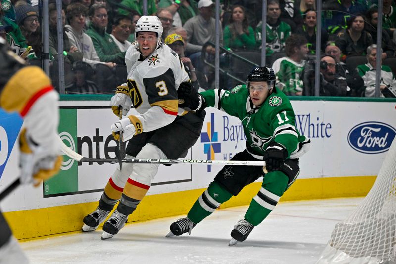 Apr 24, 2024; Dallas, Texas, USA; Vegas Golden Knights defenseman Brayden McNabb (3) and Dallas Stars center Logan Stankoven (11) chase the puck during the second period in game two of the first round of the 2024 Stanley Cup Playoffs at American Airlines Center. Mandatory Credit: Jerome Miron-USA TODAY Sports