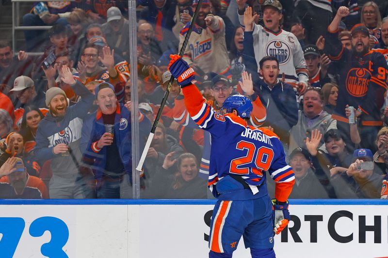 Jan 10, 2026; Edmonton, Alberta, CAN; Edmonton Oilers forward Leon Draisaitl (29) celebrates after scoring a goal against the Los Angelos Kings during the first period at Rogers Place. Mandatory Credit: Perry Nelson-Imagn Images