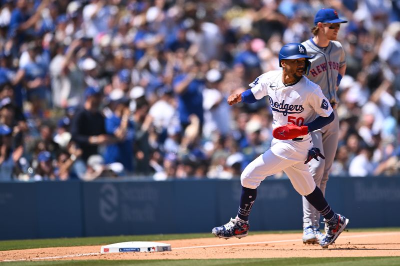 Apr 21, 2024; Los Angeles, California, USA; Los Angeles Dodgers shortstop Mookie Betts (50) runs the bases against the New York Mets during the fifth inning at Dodger Stadium. Mandatory Credit: Jonathan Hui-USA TODAY Sports