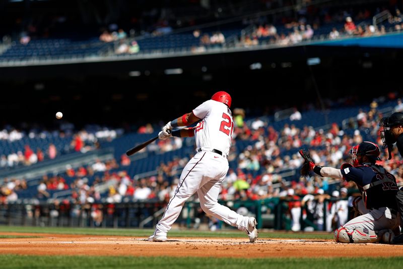 Aug 17, 2023; Washington, District of Columbia, USA; Washington Nationals designated hitter Keibert Ruiz (20) hits a double against the Boston Red Sox during the first inning at Nationals Park. Mandatory Credit: Geoff Burke-USA TODAY Sports