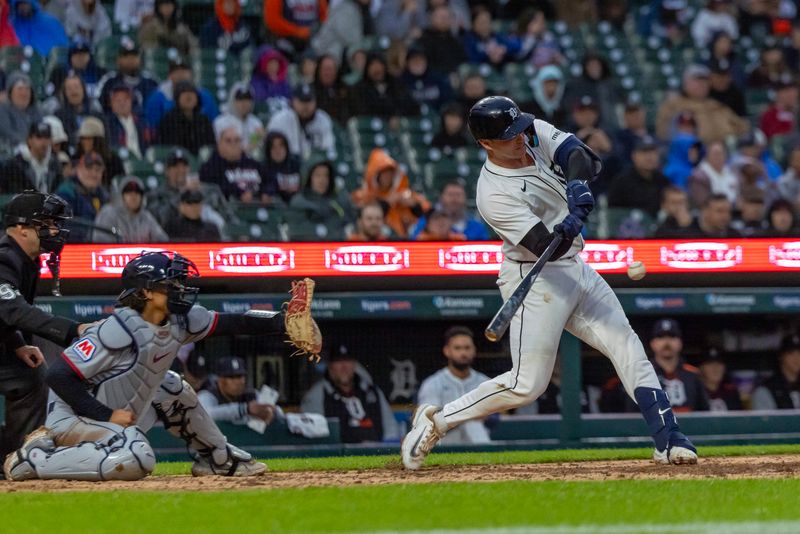 May 22, 2025; Detroit, Michigan, USA; Detroit Tigers catcher Dillon Dingler (13) strikes out to end the seventh inning against the Cleveland Guardians at Comerica Park. Mandatory Credit: David Reginek-Imagn Images