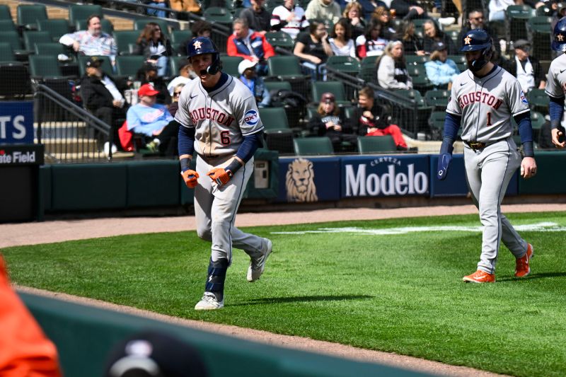 May 3, 2025; Chicago, Illinois, USA;  Houston Astros outfielder Jake Meyers (6) yells after he hits a three run home run against the Chicago White Sox during the sixth inning at Rate Field. Mandatory Credit: Matt Marton-Imagn Images