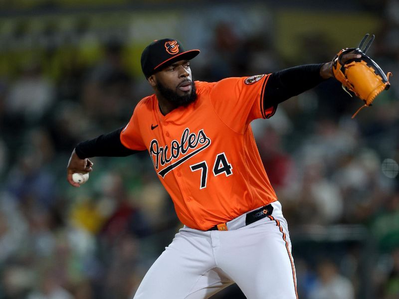 Jun 7, 2025; West Sacramento, California, USA; Baltimore Orioles pitcher Felix Bautista (74) throws a pitch against the Athletics during the ninth inning at Sutter Health Park. Mandatory Credit: Dennis Lee-Imagn Images