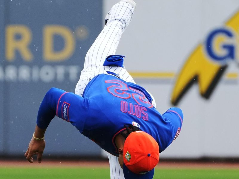 Feb 28, 2026; Port St. Lucie, Florida, USA;  New York Mets right fielder Juan Soto (22) stretches before the game against the Washington Nationals at Clover Park. Mandatory Credit: Jim Rassol-Imagn Images