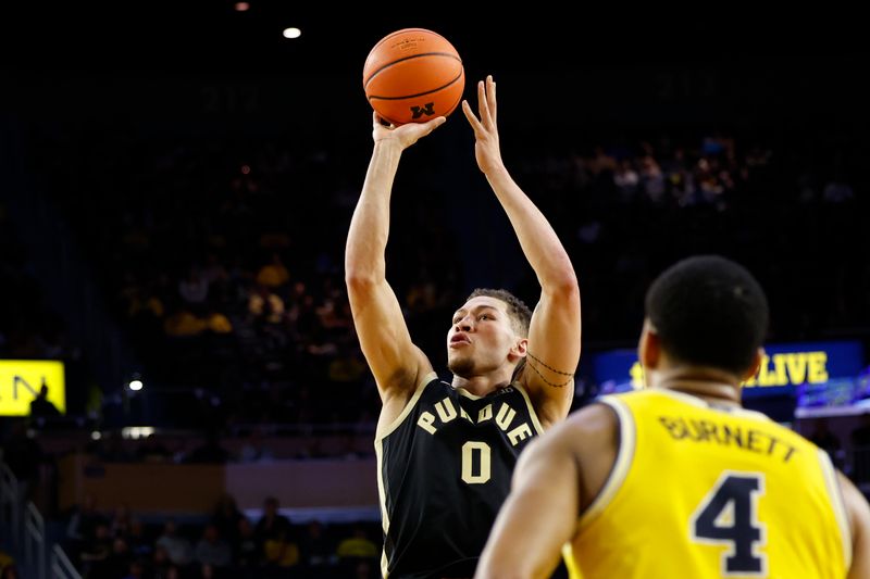 Feb 25, 2024; Ann Arbor, Michigan, USA;  Purdue Boilermakers forward Mason Gillis (0) shoots in the second half against the Michigan Wolverines at Crisler Center. Mandatory Credit: Rick Osentoski-USA TODAY Sports