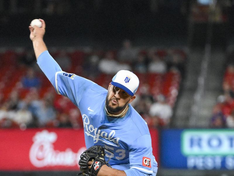 Jun 3, 2025; St. Louis, Missouri, USA;  Kansas City Royals relief pitcher Carlos Estevez (53) pitches against the St. Louis Cardinals during the ninth inning at Busch Stadium. Mandatory Credit: Jeff Curry-Imagn Images