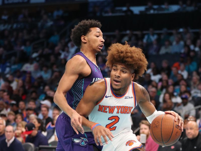 CHARLOTTE, NC -NOVEMBER 29: Miles McBride #2 of the New York Knicks dribbles the ball during the game against the Charlotte Hornets during the Emirates NBA Cup Game on November, 29, 2024 at Spectrum Center in Charlotte, North Carolina. NOTE TO USER: User expressly acknowledges and agrees that, by downloading and or using this photograph, User is consenting to the terms and conditions of the Getty Images License Agreement. Mandatory Copyright Notice: Copyright 2024 NBAE (Photo by Brock Williams-Smith/NBAE via Getty Images)