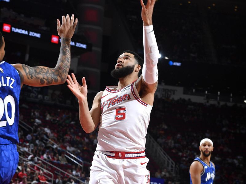 HOUSTON, TX - APRIL 9: Fred VanVleet #5 of the Houston Rockets shoots the ball during the game against the Orlando Magic on April 9, 2024 at the Toyota Center in Houston, Texas. NOTE TO USER: User expressly acknowledges and agrees that, by downloading and or using this photograph, User is consenting to the terms and conditions of the Getty Images License Agreement. Mandatory Copyright Notice: Copyright 2024 NBAE (Photo by Logan Riely/NBAE via Getty Images)