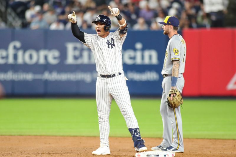 Sep 8, 2023; Bronx, New York, USA;  New York Yankees third baseman Oswald Peraza (91) reacts after hitting a double in the second inning against the Milwaukee Brewers at Yankee Stadium. Mandatory Credit: Wendell Cruz-USA TODAY Sports