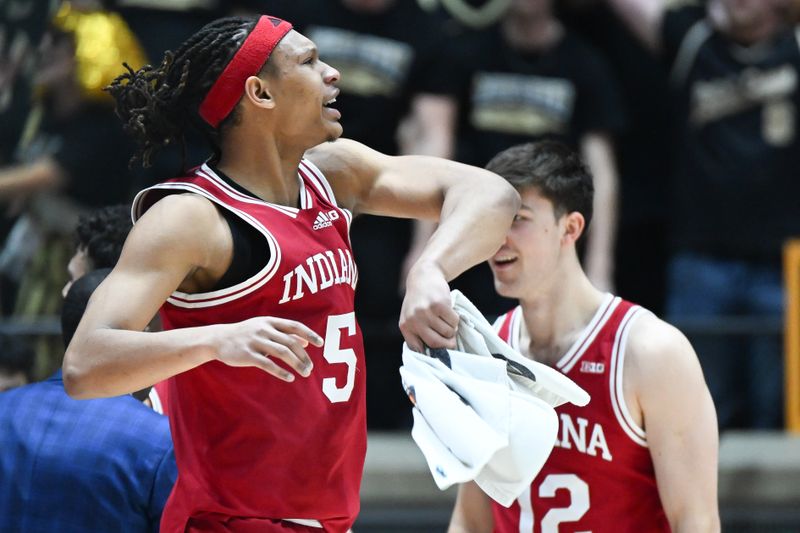 Jan 31, 2025; West Lafayette, Indiana, USA; Indiana Hoosiers forward Malik Reneau (5) celebrates during a timeout during the first half against the Purdue Boilermakers at Mackey Arena. Mandatory Credit: Robert Goddin-Imagn Images