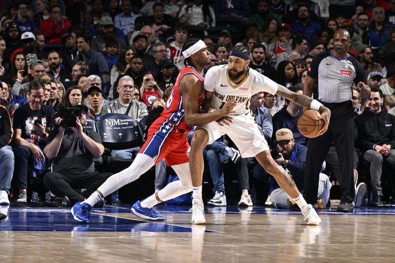 PHILADELPHIA, PA - MARCH 8:Brandon Ingram #14 of the New Orleans Pelicans handles the ball during the game against the Philadelphia 76ers on March 8, 2024 at the Wells Fargo Center in Philadelphia, Pennsylvania NOTE TO USER: User expressly acknowledges and agrees that, by downloading and/or using this Photograph, user is consenting to the terms and conditions of the Getty Images License Agreement. Mandatory Copyright Notice: Copyright 2024 NBAE (Photo by David Dow/NBAE via Getty Images)