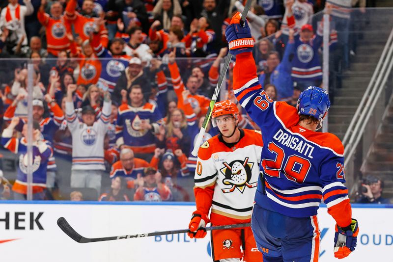 Jan 3, 2025; Edmonton, Alberta, CAN; Edmonton Oilers forward Leon Draisaitl (29) celebrates after scoring a goal during the third period against the Anaheim Ducks at Rogers Place. Mandatory Credit: Perry Nelson-Imagn Images