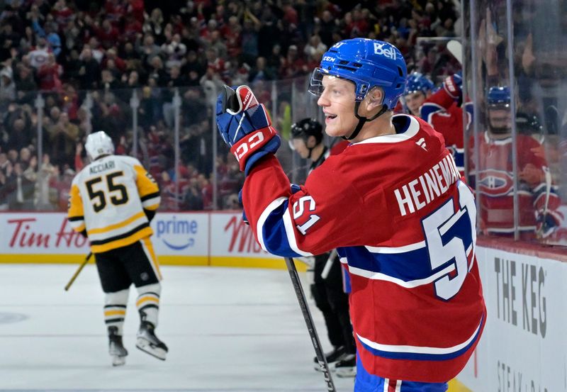 Oct 14, 2024; Montreal, Quebec, CAN; Montreal Canadiens forward Emil Heineman (51) celebrates after scoring a goal against the Pittsburgh Penguins during the second period at the Bell Centre. Mandatory Credit: Eric Bolte-Imagn Images