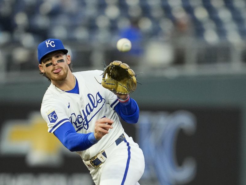 Apr 22, 2024; Kansas City, Missouri, USA; Kansas City Royals shortstop Bobby Witt Jr. (7) throws to first base during the fourth inning against the Toronto Blue Jays at Kauffman Stadium. Mandatory Credit: Jay Biggerstaff-USA TODAY Sports