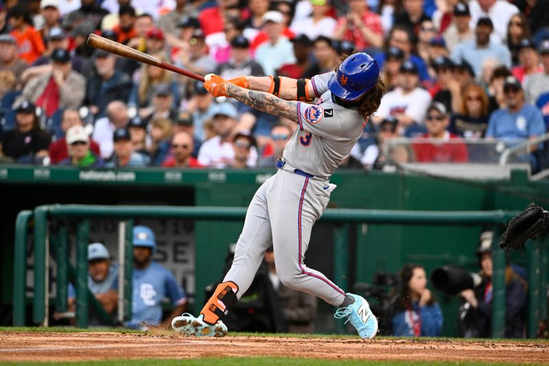 Apr 26, 2025; Washington, District of Columbia, USA; New York Mets outfielder Jesse Winker (3) singles against the Washington Nationals during the second inning at Nationals Park. Mandatory Credit: Brad Mills-Imagn Images