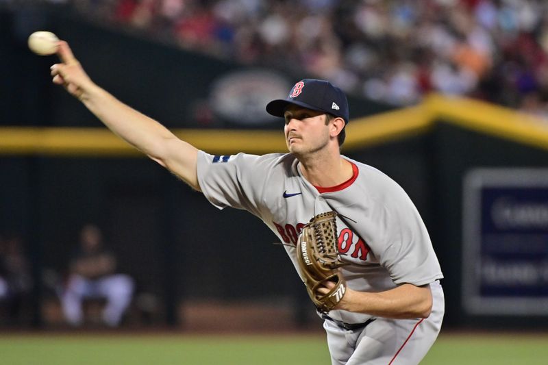 May 27, 2023; Phoenix, Arizona, USA;  Boston Red Sox itcher Garrett Whitlock (22) throws against the Arizona Diamondbacks in the first inning at Chase Field. Mandatory Credit: Matt Kartozian-USA TODAY Sports