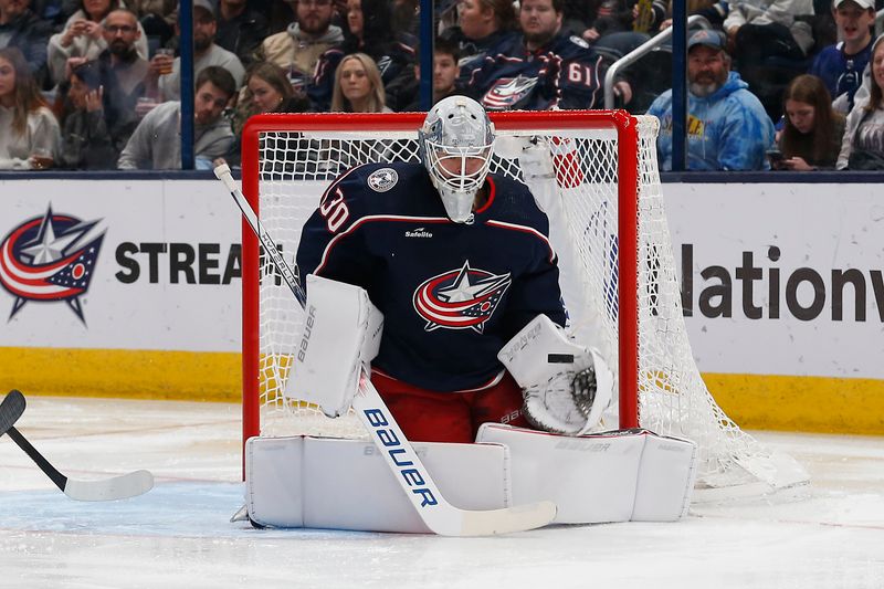 Dec 29, 2023; Columbus, Ohio, USA; Columbus Blue Jackets goalie Spencer Martin (30) makes a glove save against the Toronto Maple Leafs during the second period at Nationwide Arena. Mandatory Credit: Russell LaBounty-USA TODAY Sports