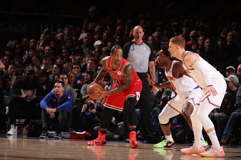 NEW YORK, NY - JANUARY 3: DeMar DeRozan #11 of the Chicago Bulls handles the ball during the game against the New York Knicks on January 3, 2024 at Madison Square Garden in New York City, New York.  NOTE TO USER: User expressly acknowledges and agrees that, by downloading and or using this photograph, User is consenting to the terms and conditions of the Getty Images License Agreement. Mandatory Copyright Notice: Copyright 2024 NBAE  (Photo by Nathaniel S. Butler/NBAE via Getty Images)